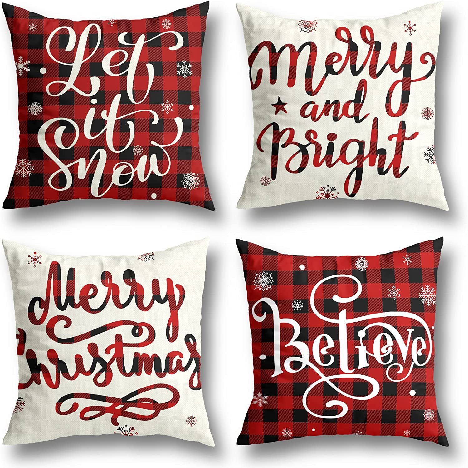 Christmas Decorations Christmas Pillow Covers 18X18 Inches Set of 4 Farmhouse Buffalo Plaid Black and Red Throw Pillow Case Winter Holiday Christmas Decor Home Sofa Couch Cushion Indoor Decorations