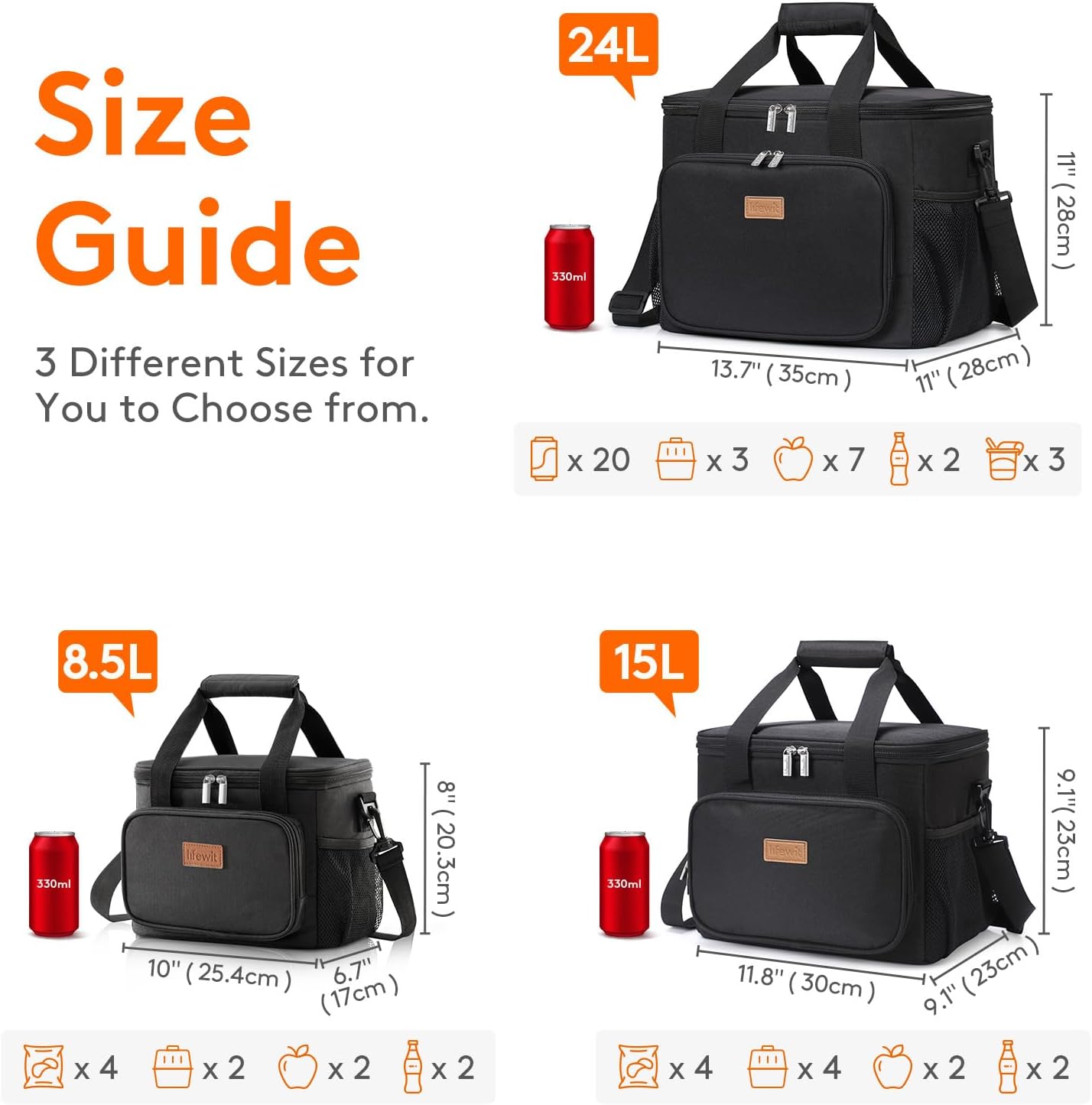 Large Lunch Bag Insulated Lunch Box Soft Cooler Cooling Tote for Adult Men Women, Black 24-Can (15L)