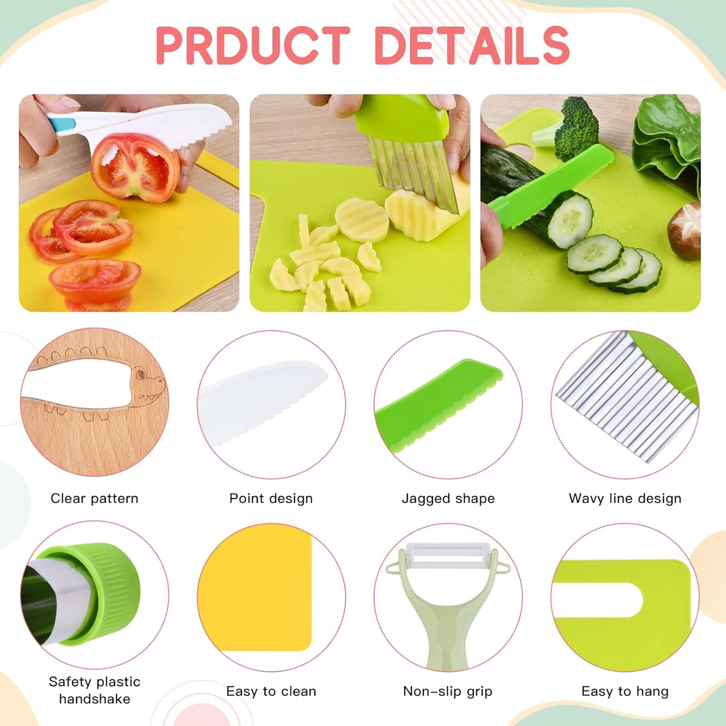 13 Pieces Montessori Kitchen Tools for Toddlers-Kids Cooking Sets Real-Toddler Toys Set for Real Cooking with Plastic Children Safe Knives Crinkle Cutter Kids Cutting Board