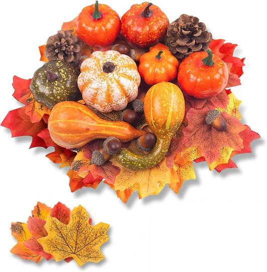 50 PCS Thanksgiving Artificial Pumpkins and Gourds Set Fall Decorations for Home, 8 PCS Fake Pumpkins, 12 PCS Pinecones and Acorns, 30 PCS Fake Maple Leaves Fall Wedding Tables Centerpieces