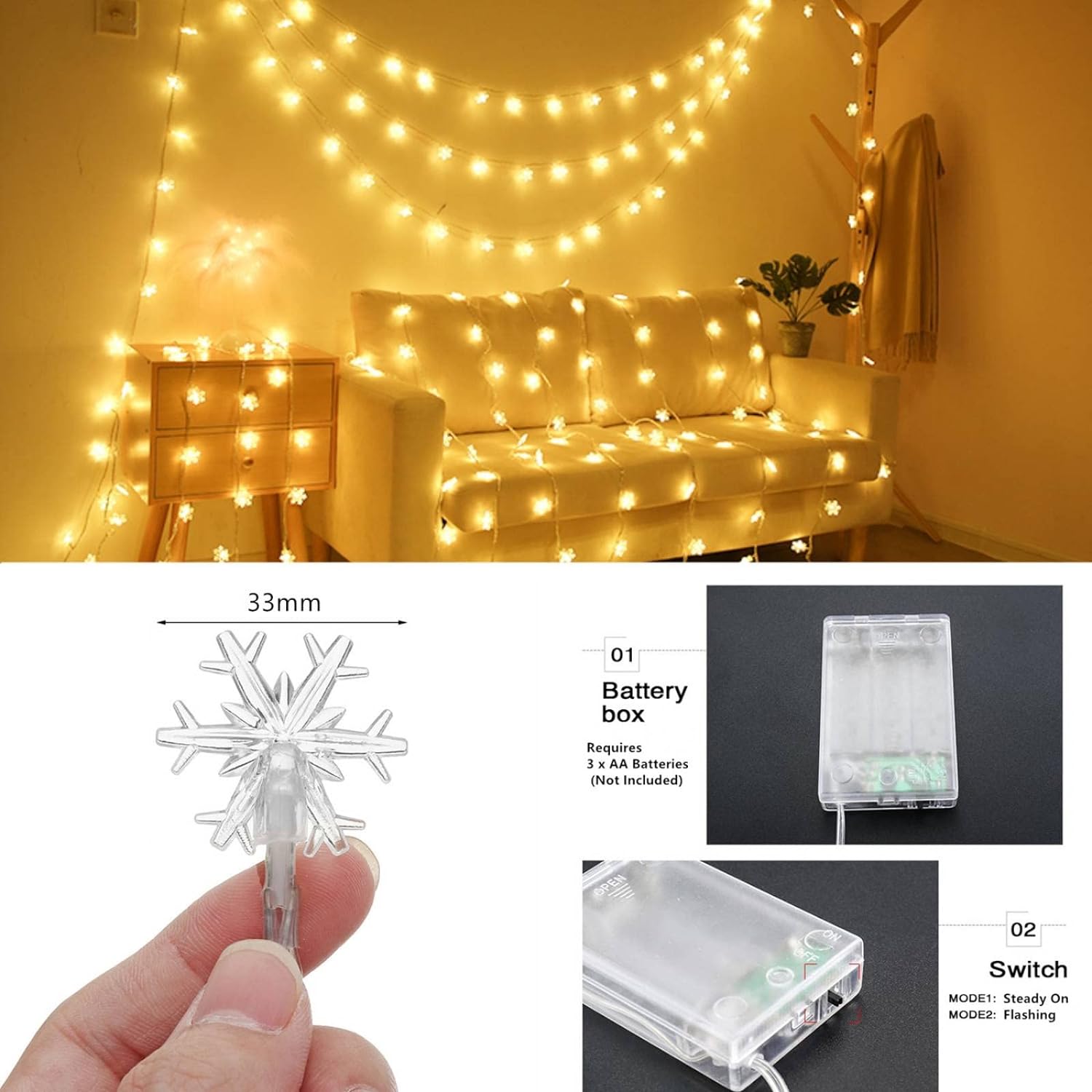 Christmas Decorations Lights, 20 Ft 40 LED Snowflake String Lights Battery Operated Fairy Lights for Bedroom Room Party Home Office Xmas Decor Indoor Outdoor Tree Decorations Warm White