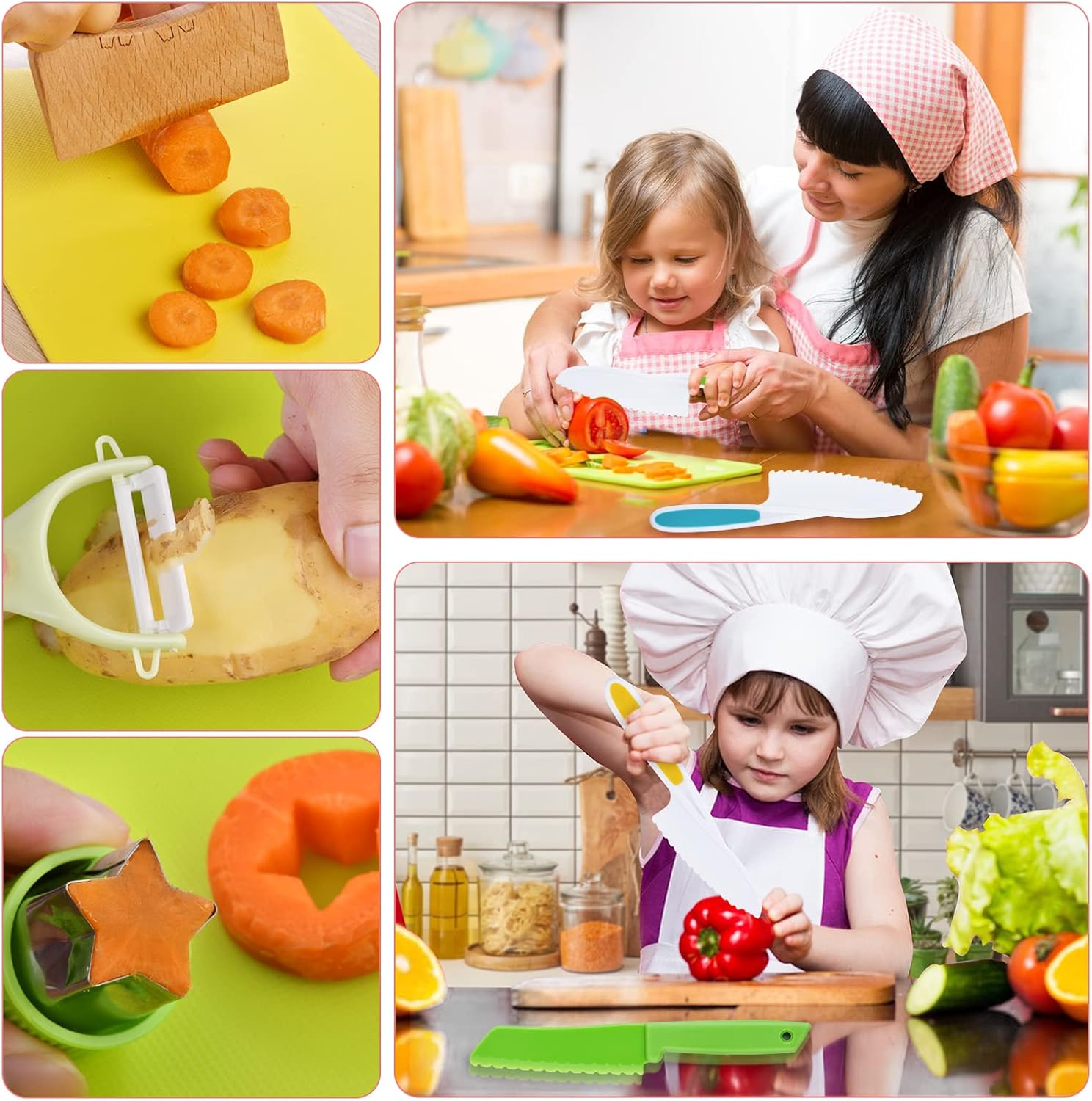 13 Pieces Montessori Kitchen Tools for Toddlers-Kids Cooking Sets Real-Toddler Toys Set for Real Cooking with Plastic Children Safe Knives Crinkle Cutter Kids Cutting Board