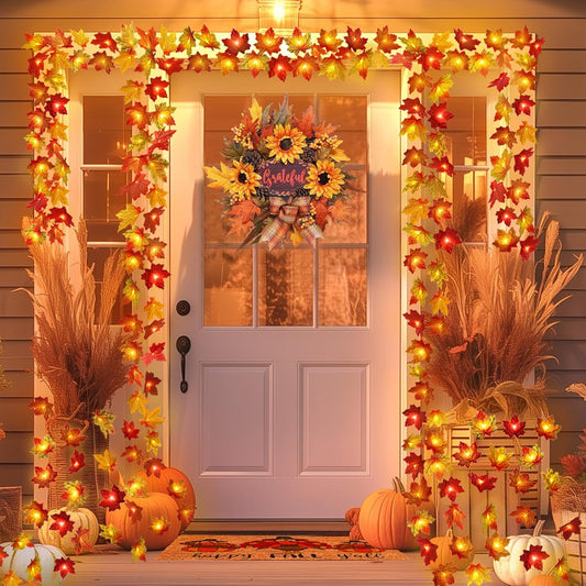 2 Pack Thanksgiving Decorations Maple Leaf Lights Multicolored, 20Ft 40LED Battery Operated Fall Leaves Garland with Lights String for Autumn Harvest Table Door Porch Home Indoor Outdoor Fall Decor