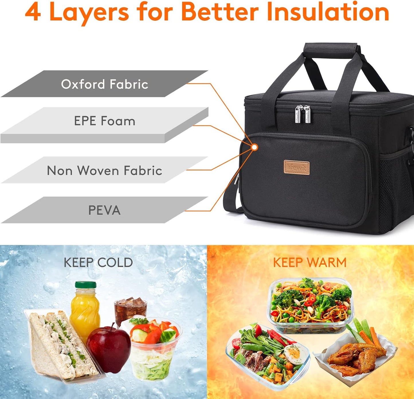 Large Lunch Bag Insulated Lunch Box Soft Cooler Cooling Tote for Adult Men Women, Black 24-Can (15L)