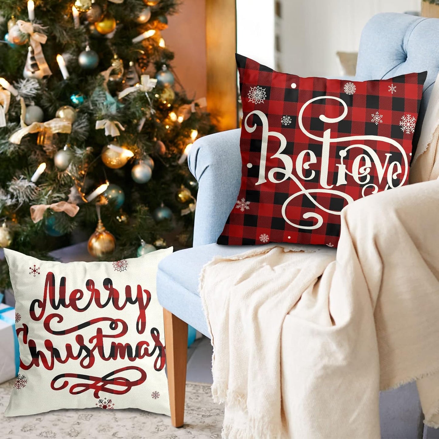 Christmas Decorations Christmas Pillow Covers 18X18 Inches Set of 4 Farmhouse Buffalo Plaid Black and Red Throw Pillow Case Winter Holiday Christmas Decor Home Sofa Couch Cushion Indoor Decorations