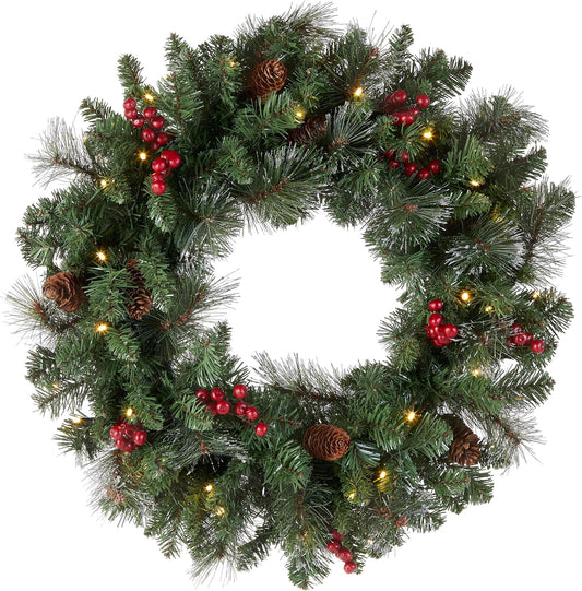 Pre-Lit Artificial Christmas Wreath, Green, Crestwood Spruce, White Lights, Decorated with Pine Cones, Berry Clusters, Frosted Branches, Christmas Collection, 24 Inches